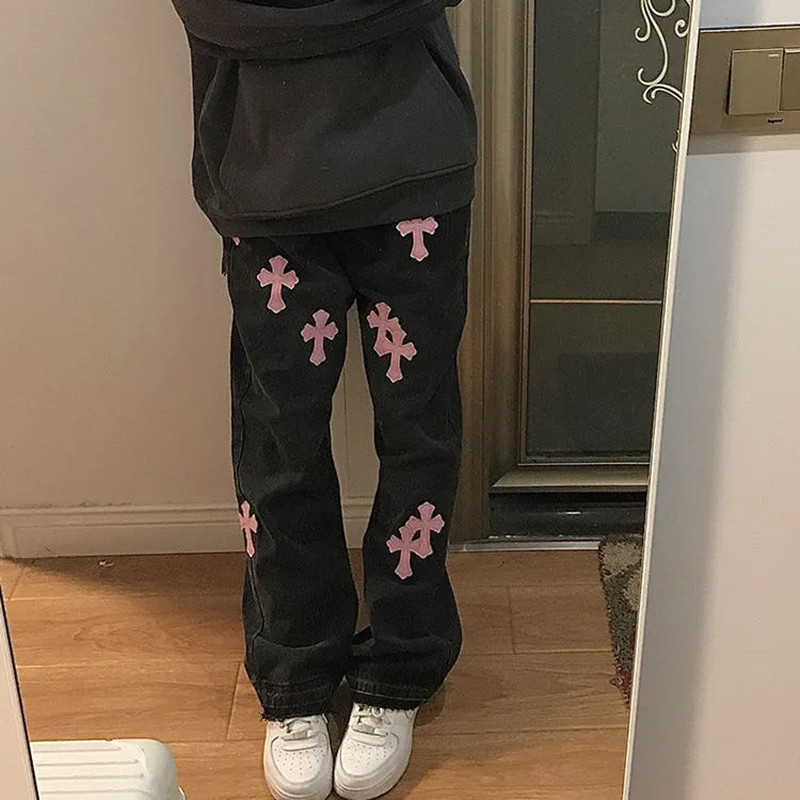 Streetwear   Versatile Denim Trousers Cross Woman 4XL Size Y2k Straight Baggy Pants Leg Jeans High Waist Jeans