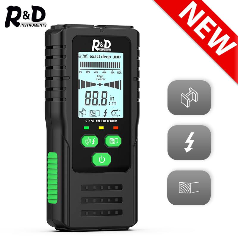 R&D QT160 Wall Metal Detector Backlit Black AC Wood Finder Cable Wires Depth Tracker Undeground Sturs Wall Scanner LCD Display