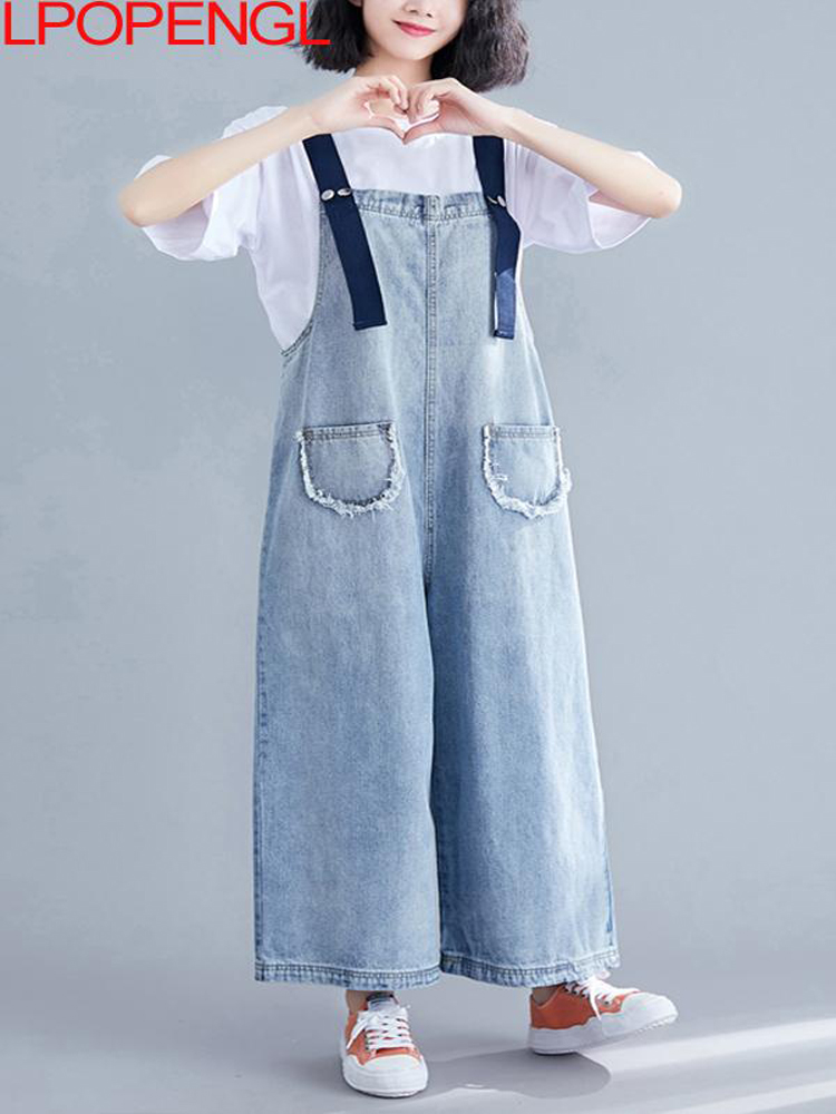 High Waist Denim Bib Women Thin  Pants Look Thin Jeans Loose Wide-leg Nine-point Overalls Jumpsuit  Streetwear  Summer