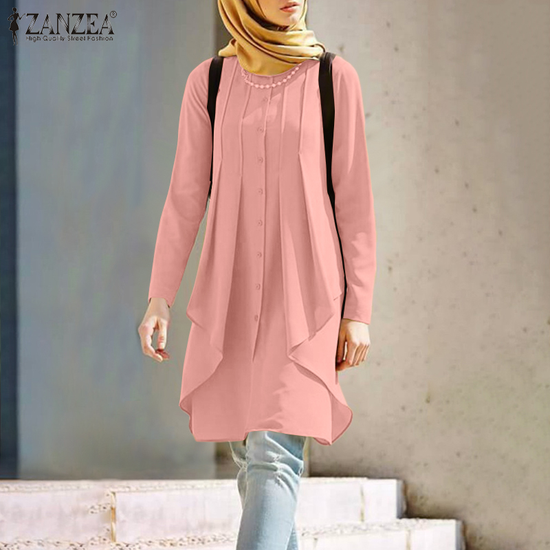 Vintage Long Sleeve Tunic Tops ZANZEA Muslim  Blouse Loose Solid O Neck Blusas Irregular hem Chemise Mujer Oversized