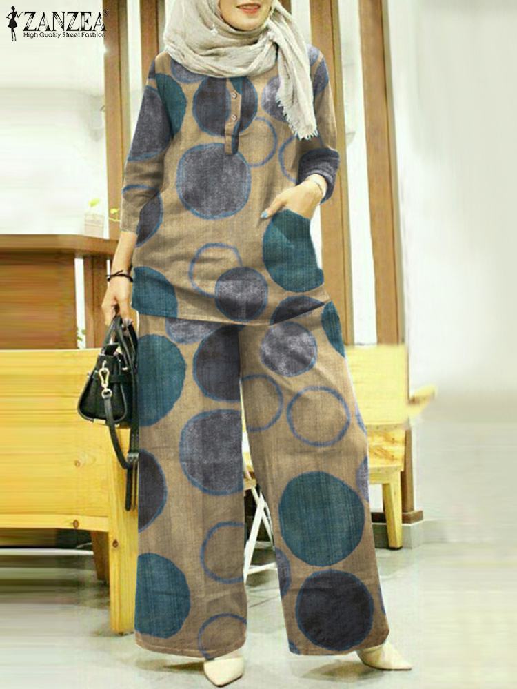 ZANZEA Vintage Abaya Kaftan Set 2PCS Women Spring Muslim Suit Button Floral Print 3/4 Sleeve O-Neck Blouse Pant Trouser Oversize