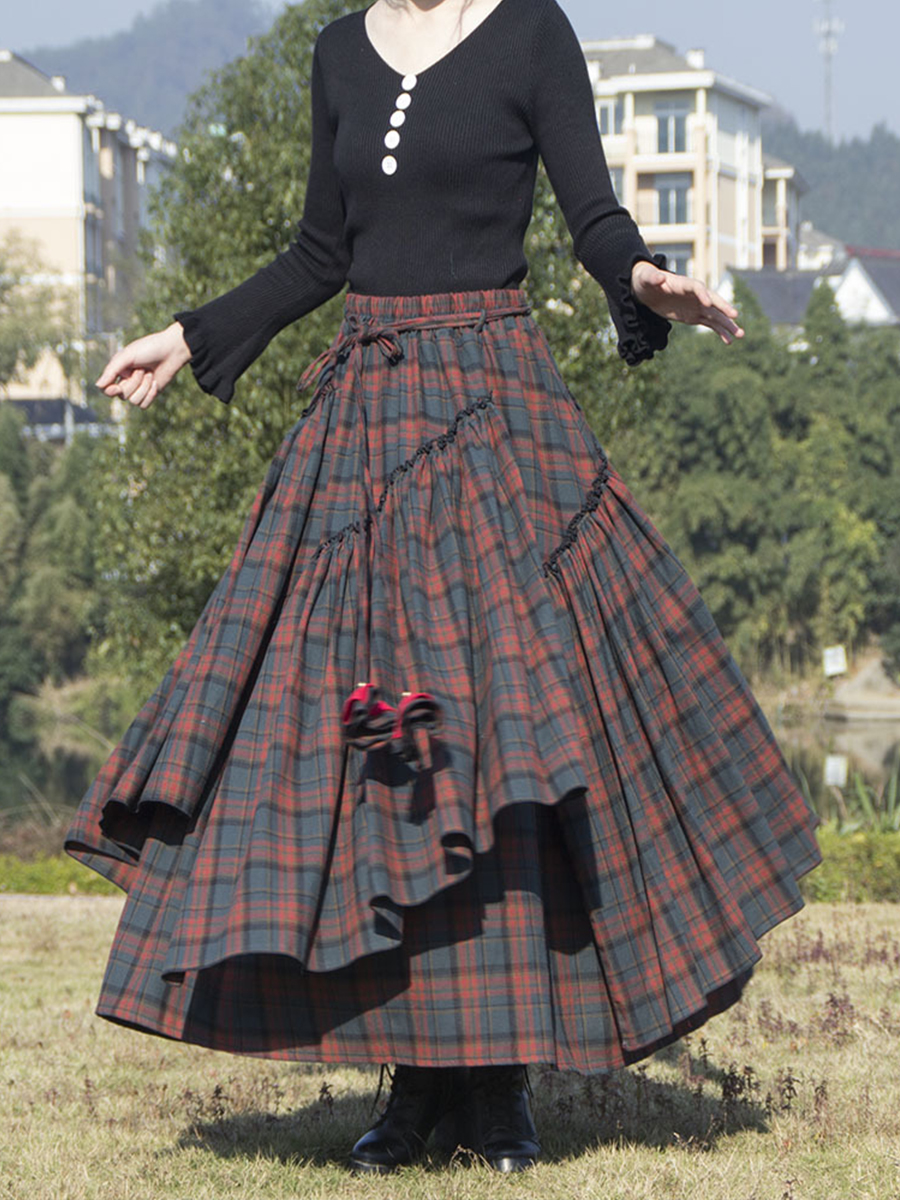 Kalenmos Literary Retro Check Children's Women Skirts Irregular Hem Lace High Waist Heavy Cotton Brushed Pleated Medieval Skirt