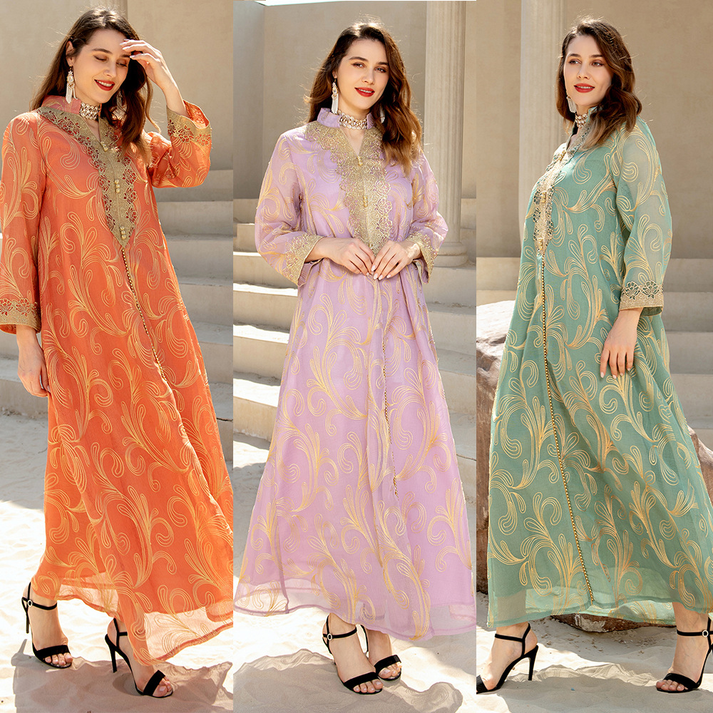 Muslim  Ramadan Spring Summer Women Clothing Arab Long-sleeved Abaya Middle East Swing Dress