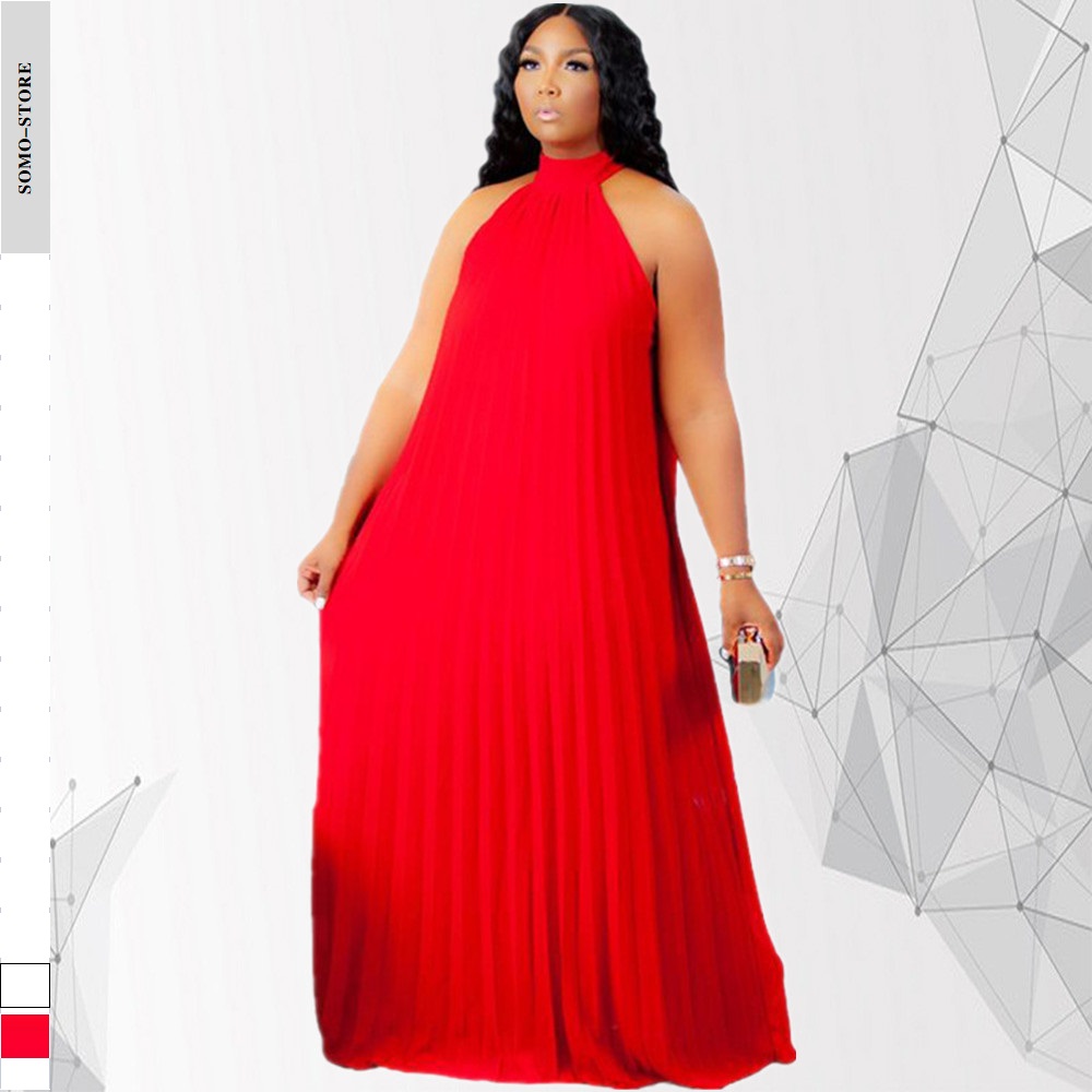 Solid 5xl Elegant Plus Size Women Clothing Draped Sleeveless Summer Maxi Dress Sexy Halter Neck Dress  Pleated Wholesale