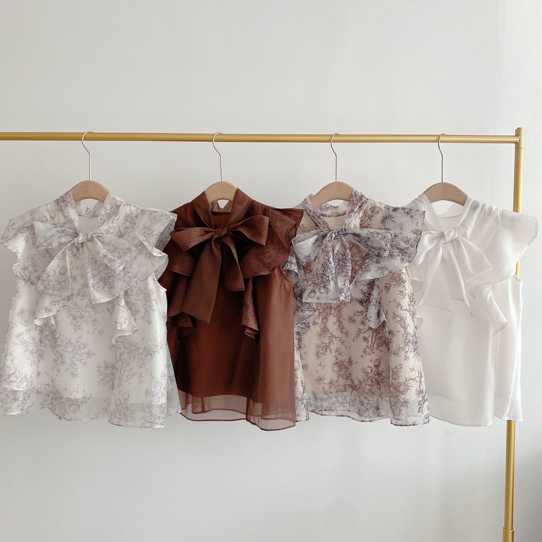 Kuzuwata Japanese Temperament Sweet Blouse  Summer Shirt Stand Collar Lace Up Bowknot Print Flying Sleeve Mujer Blusa