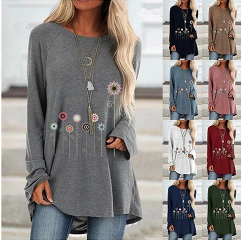 Women's autumn floral print blouse long sleeve round neck  cotton shirt WX38