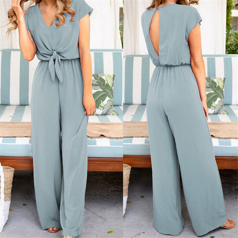 Women Short Sleeve Jumpsuit Solid Color Wide Legs Bodycon Jumpsuit  Simple Romper Trousers Club Wear V-neck Summer Playsuit