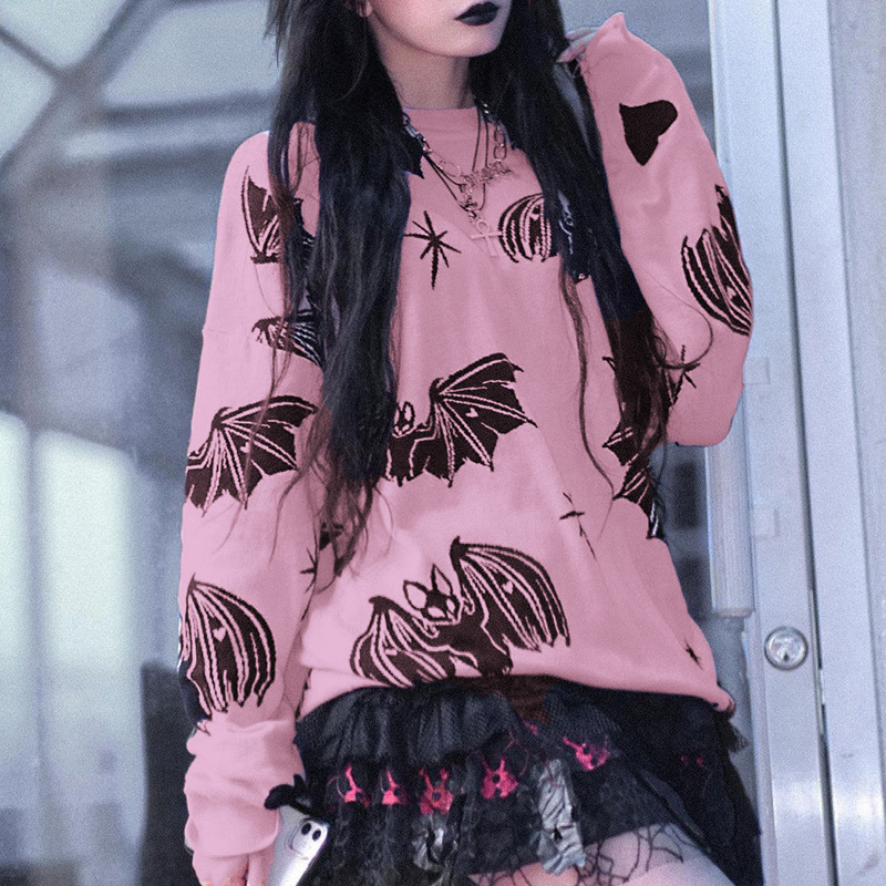 Y2K Gothic Bat Print Black Sweater  Fairy Grunge  Winter Aesthetic Pink Black Pullover Harajuku Long Sleeve Top