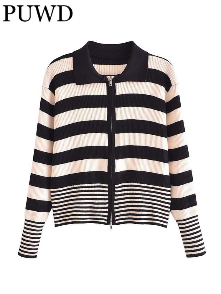PUWD Women Lapel Patchwrok Striped Sweater  Autumn Winter  Girls Casual Female Long Sleeve Zipper Cardigan Sweater