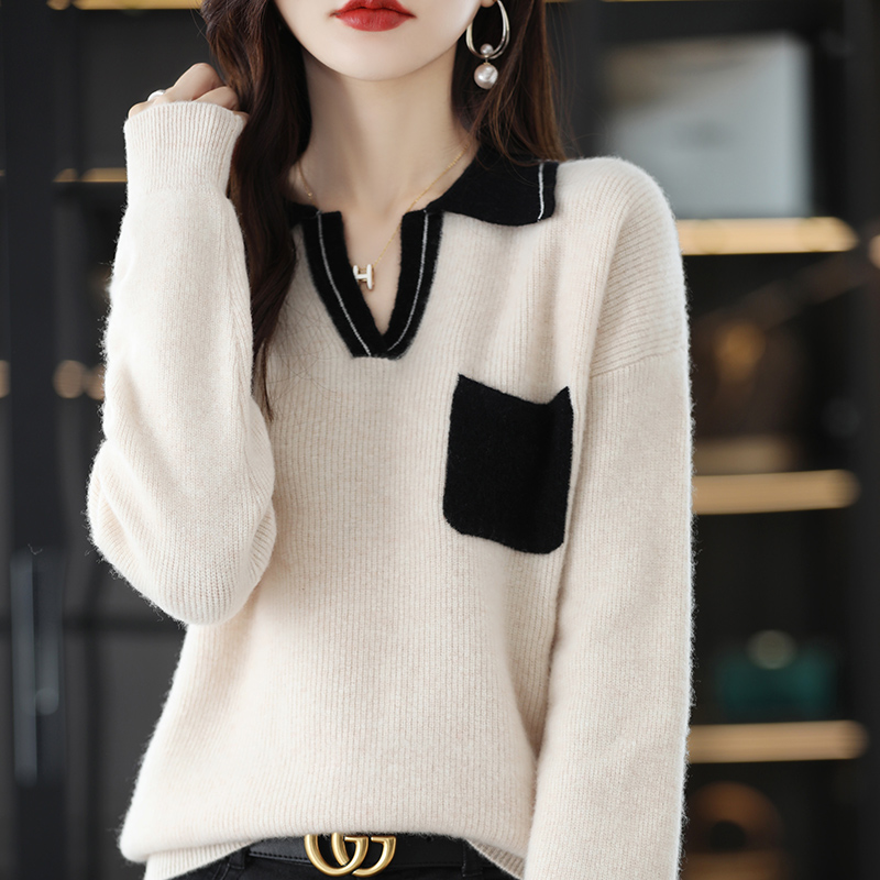 Wool Cashmere Sweater Women's Autumn Winter Polo Lapel  Loose Large Size Bottoming Knitted Sweater Top For Female