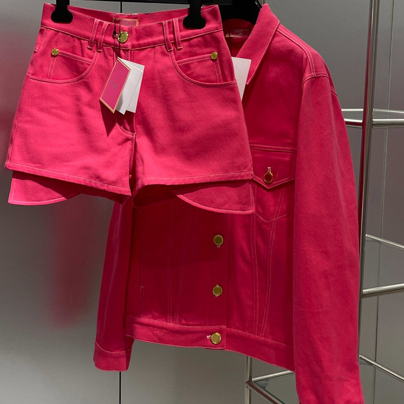 22  Pink Letters Denim Short Sets Women Luxurious Metal Single Breasted Lapel Jacket Sexy Slim Pocket Button Denim Shorts