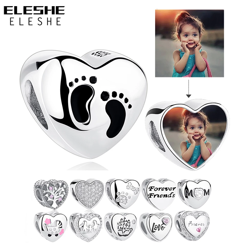 ELESHE Romantic Custom Po Heart Charms fit Original Bracelet 925 Sterling Silver Beads DIY Original Jewelry Making