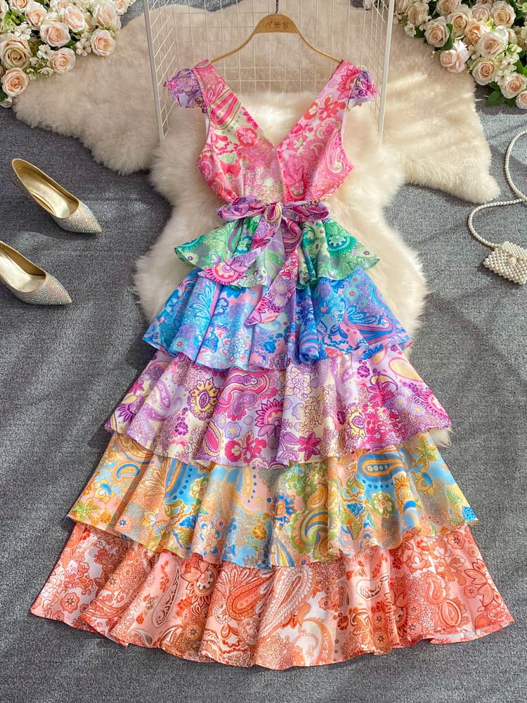 Summer Beach Cascading Ruffles Cake Dress Runway Women's V-Neck Sleeveless Flower Printed Holiday Party Long Robes Vestidos