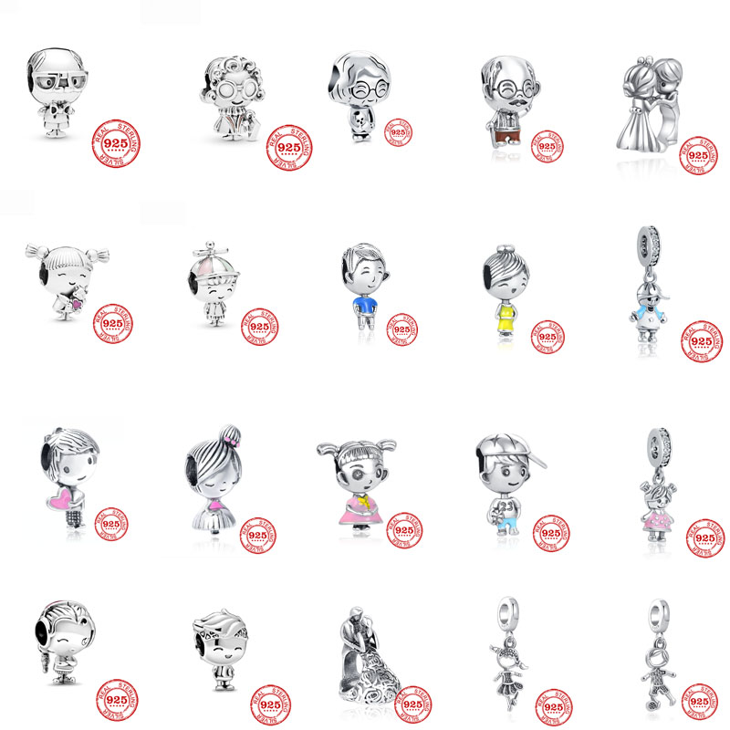 Real 925 Sterling Silver  Girls Mom Dad Grandparents Series Beads Fit Original Pandora Charm Bracelet Women DIY Fine Jewelry