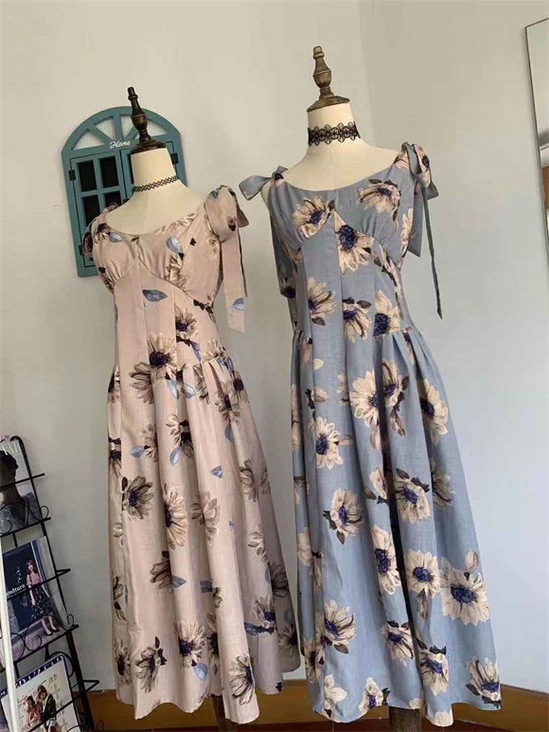 Kuzuwata  Summer Japanese Vestidos Print O Neck Sleeveless Bowknot Shoulder Strap Ribbon Dresses Sweet Women's Robe