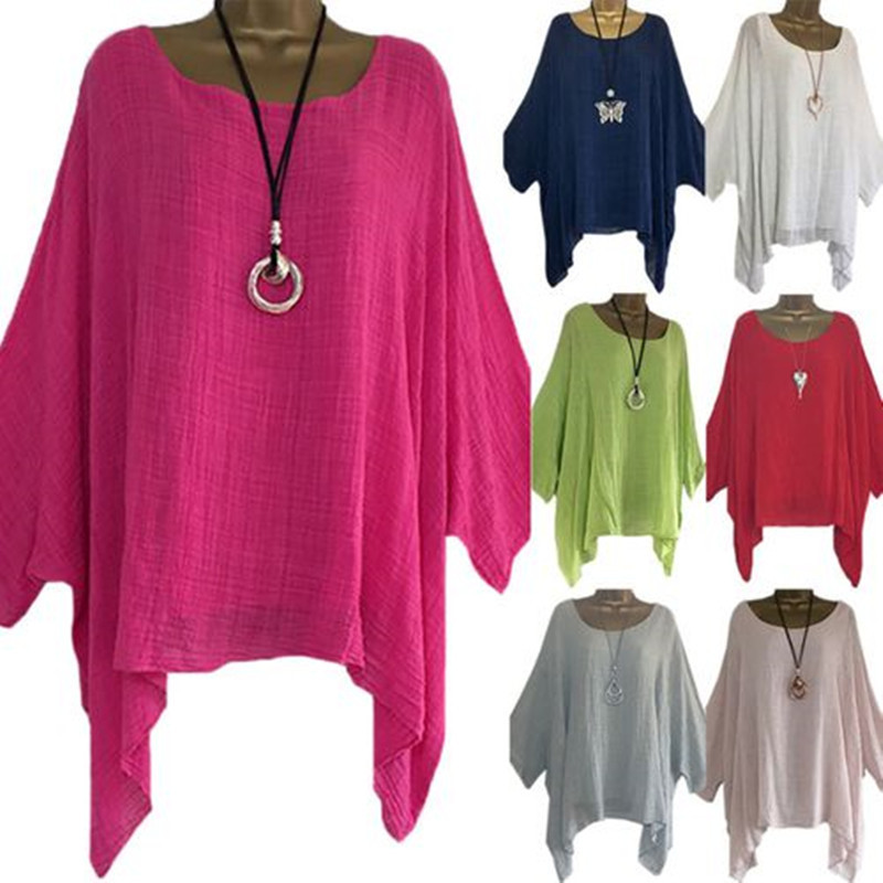Summer Solid Color Blouses Batwing Sleeve Loose Women Casual O-Neck Long Sleeve Blouse Anomalistic Tee Shirts Large Size 5XL