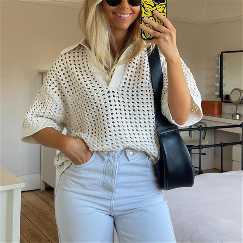 Basic Knitted Hollow Polo Women Short Sleeve Top Loose Casual Solid Color Polo Shirt Women Street Outfit Spring Summer  シャツ