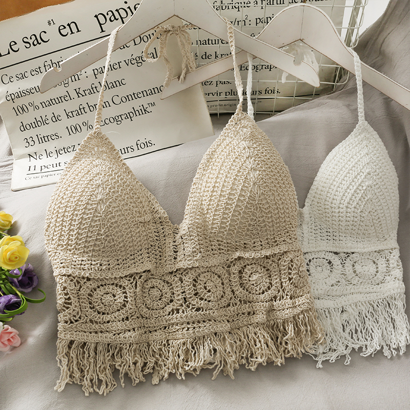 Crop Tops Retro Wild Hollow Perspective Tassel Sexy Spaghetti Strap Tanke Top Women Built In Bra  Back Lace Halter Neck