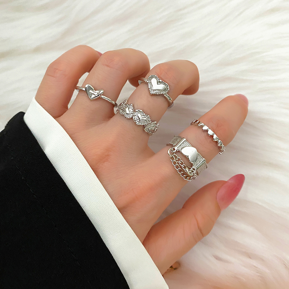 5pcs/Set Punk Love Heart Ring Personality Temperament Zircon Silver Color Geometric Rings for Women  Goth Jewelry