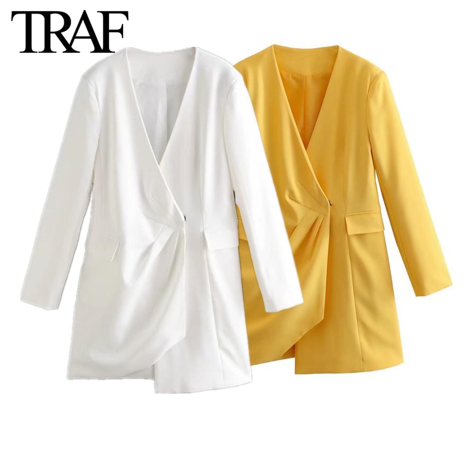 TRAF Women Fall Chic Office Lady Pleated Asymmetric Flap Pocket Blazers Dress Vestido Feminino