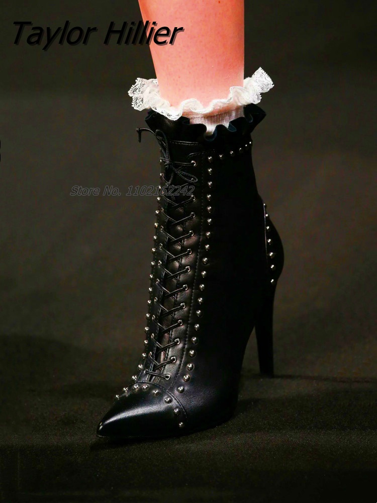  Design  Boots Pointed Toe Rivets Lace Stiletto High Heel Women'S Boots Lace Up Side Zipper Boots Zapatos Mujer
