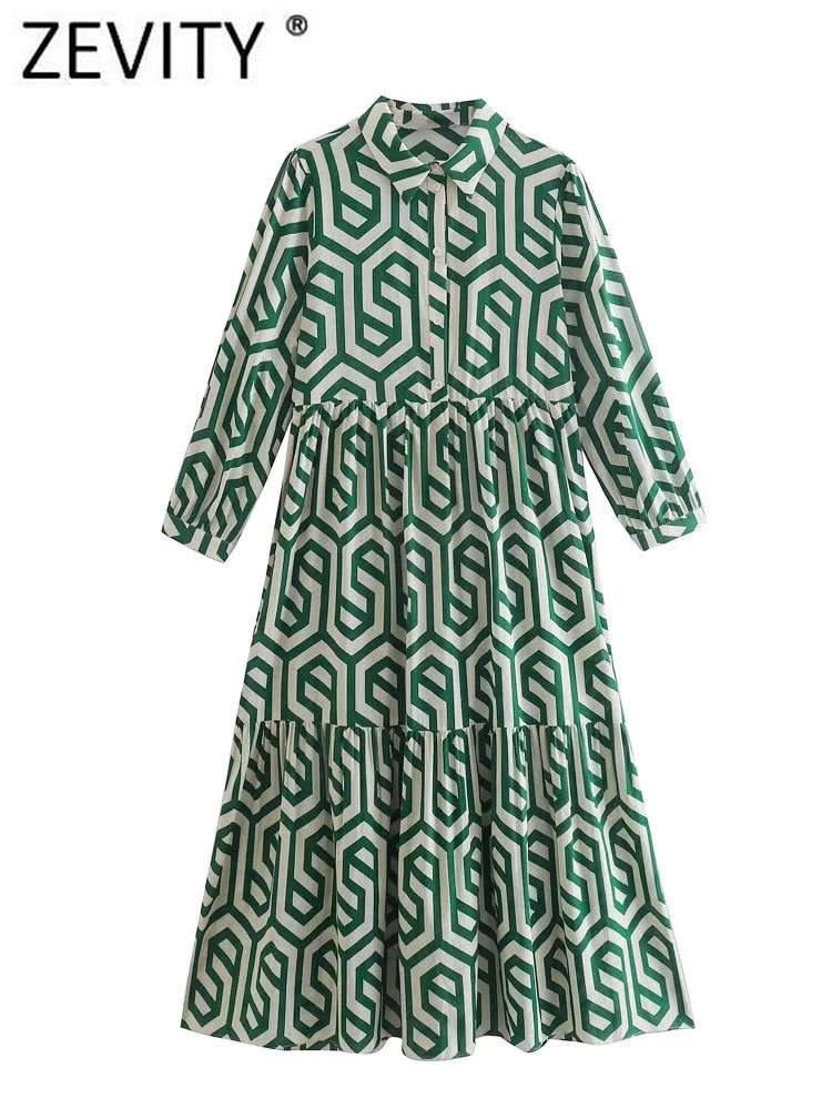 ZEVITY Women Vintage Geometric Print Pleats Casual Slim Midi Shirt Dress Female Chic Pleats Ruffles A Line Vestido DS395