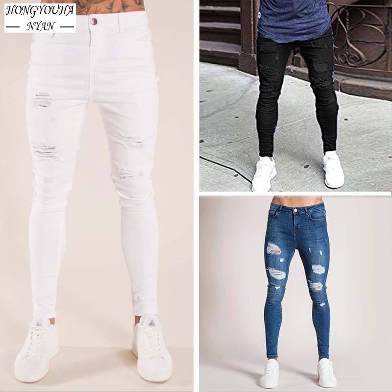 Street  White Jeans Man High  Slim Cowboy Pants Men Ripped Jeans Blue Skinny Stretch Denim Pants Jogging Trousers