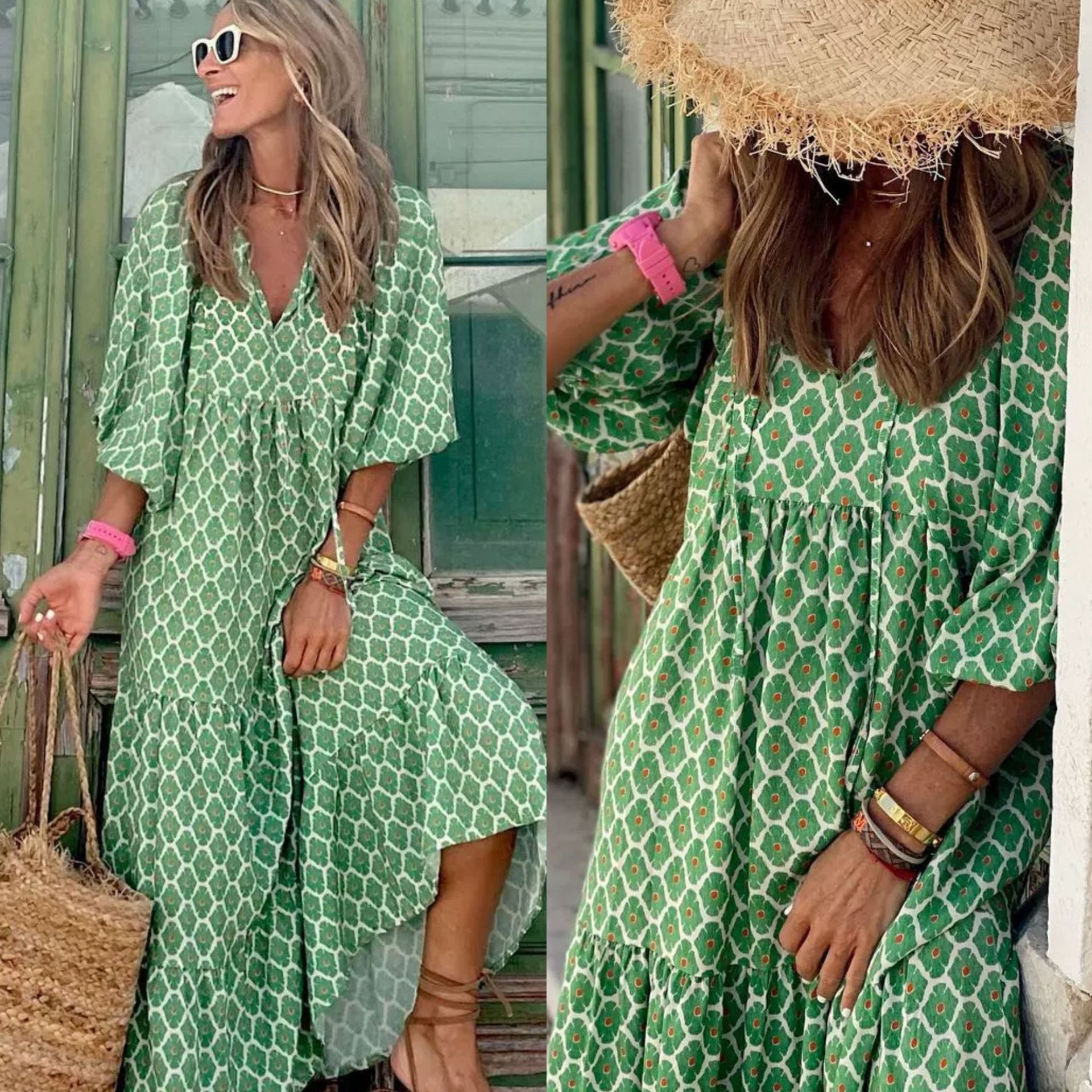  Summer Boho Long Dress Women Floral Print Puff Sleeve Loose Maxi Dresses Elegant V-Neck Holiday Party Beach Dress Vestidos