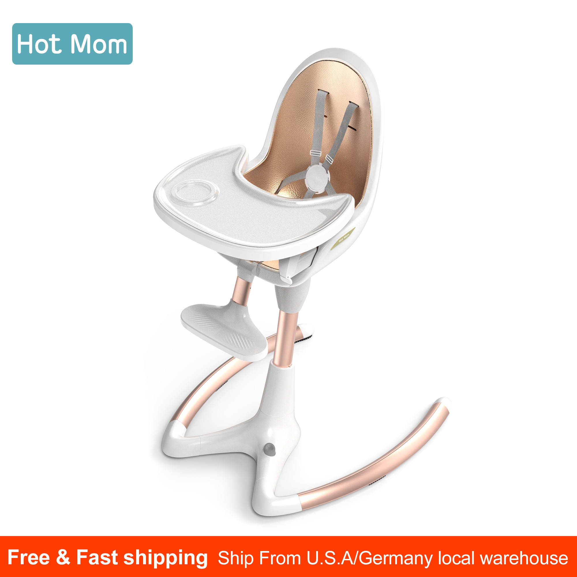 Mom 360°Rotate Baby High Chair，Adjustable Seat Height&Angle Eating Chair with foot rest，Removable Tray，PU Leather Cushion