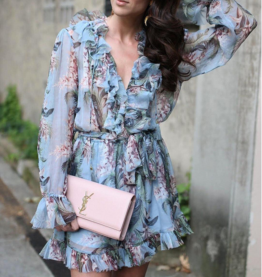 Runway Summer Women Rompers  Blue Print Floral Long Sleeve Chiffon Sexy V Neck Female Outfits Sashes Beach Jumpusits