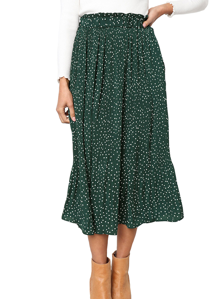 White Dots Floral Print Pleated Midi Skirt Women Elastic High Waist Side Pockets Skirts Summer  Elegant Female Bottom