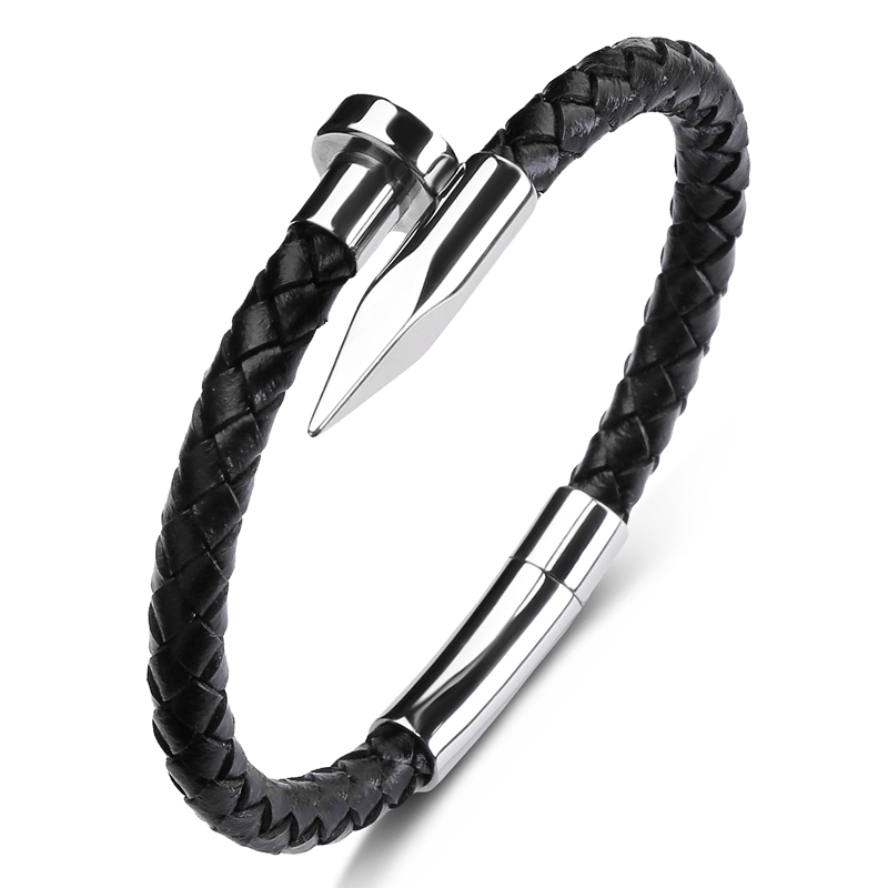  Braided Genuine Leather Nail Bracelet for Men Women Simple Leisure Jewelry Stainless Steel Buckle Hand Bangles Gift P604