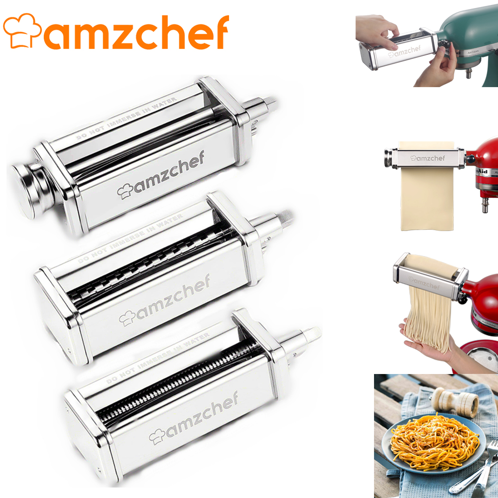 AMZCHEF 3-Piece Pasta Roller & Cutter Set Attachment Stainless Steel Pasta Noodle Maker Accessories For Kitchenaid Stand Mixer