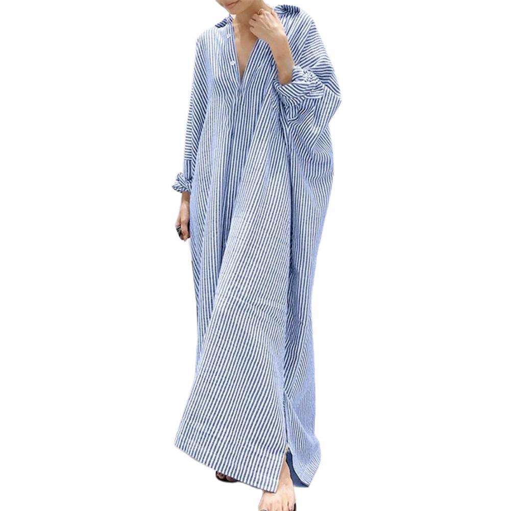 Elegant dresses for women  Lapel Striped Dress Long Sleeve Buttons Maxi Long Dress Sundress vestidos elegantes para mujer