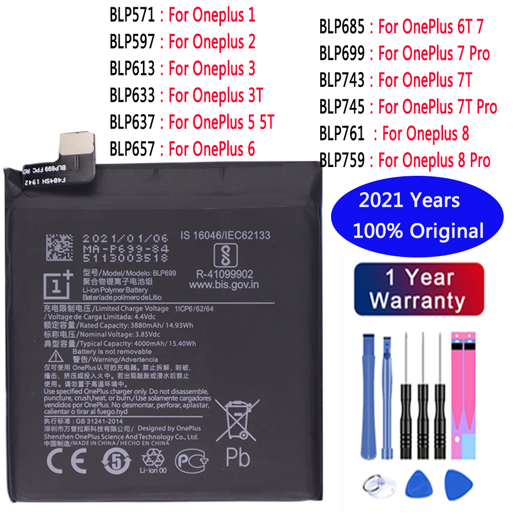 Original Battery For OnePlus 1 2 3T 5 5T 6 6T 7 7 Pro 7T 7T Pro 8 8 pro BLP633 BLP637 BLP685 BLP699 BLP743 BLP745 Phone Battery