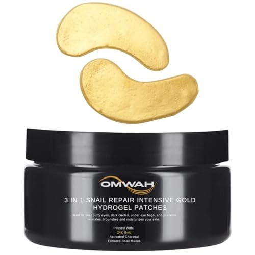 OMWAH Under Eye Mask for Face, Dark Circles and Puffiness, Beauty & Personal Care with Snail Mucin 24K Gold and Activated Charcoal Hydrogel Patches - 60 PCS (30 Pairs) (60 PCS)