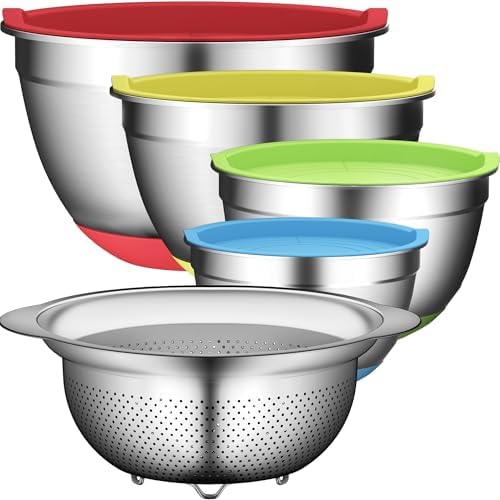 Mixing Bowl Set and Colander - Stainless Steel Mixing Bowls - Mixing Bowls with Lids Set - Kitchen Gadgets 2024 Nesting Salad Bowls with Strainer for Mixing & Preping & Baking, Multicolor