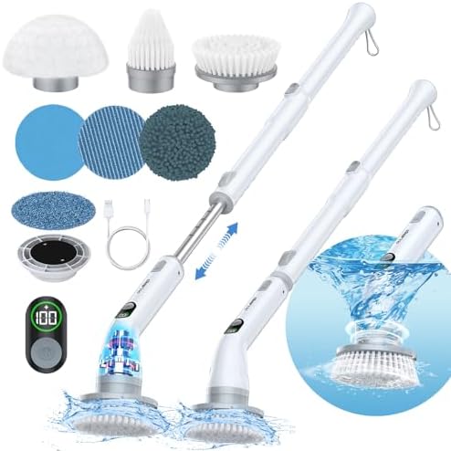 LABIGO Electric Spin Scrubber LA4 Pro, Dual Speed Bathroom Scrubber with Display & 6 Replacement Cleaning Heads, Cordless Power Scrubber with Adjustable & Detachable Handle for Bathroom Floor Tile