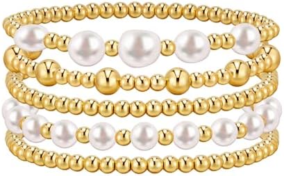 adoyi Gold Bracelets for Women Beaded Bracelet 14K Gold Plated Bracelet Stack Strand Stretch Bead Ball Bracelet Set Stackable Bracelet Adjustable Gold Jewelry for Women