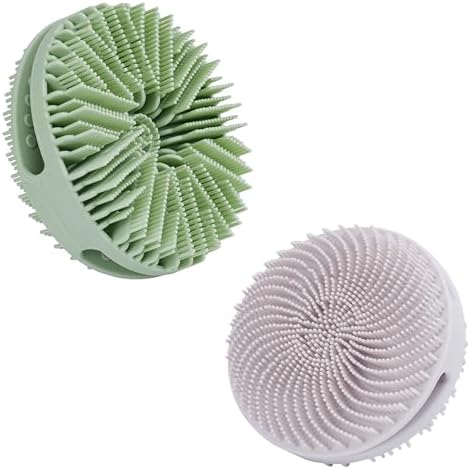 2 PC Silicone Exfoliating Body Scrubber, Silicone Body Shampoo Brush, Soft Silicone Loofah for Sensitive Skin, Shower Silicone Hair Scalp Massager, Easy to Clean, Lather Well(Gray&Green)