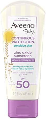 Aveeno Baby Continuous Protection Zinc Oxide Mineral Sunscreen Lotion for Sensitive Skin with Broad Spectrum SPF 50, Tear-Free, Sweat- & Water-Resistant, Travel-Size, 3 fl. Oz