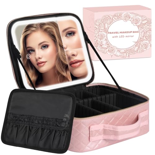 Makeup Bag with LED Mirror and Travel Makeup Train Case Cosmetic Organiser with 2X3X Magnifying Mirror and Separate Makeup Brush Panel, Portable Adjustable Divider Storage Bag, Pink