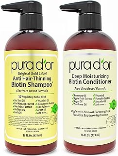 PURA D'OR Anti-Thinning Biotin Shampoo & Deep Moisturizing Conditioner Original Gold Label Set (16oz x2) Natural Earthy Scent, CLINICALLY TESTED Effective Results, DHT Blocker Thickening, Women & Men