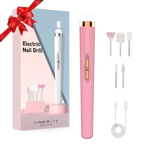 MMK Electric Nail Drills with LED Light，5 in 1 Electric Nail File，Professional Pedicure Tools for Feet，4 Speed Cordless Nail Drill Care Hand and Foot ，Electric Remover Care Your Skin and Nail （Pink）