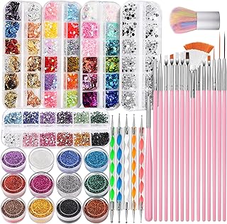 FANDAMEI Nail Art Kit, Nail Design Tools Kit with Nail Art Brushes, Nail Dotting Tools,Fine Glitter,Nail Butterfly, Nail Heart Glitter Sequins, Nail Foil Flakes, Nail Art Rhinestones, Nail Dust Brush
