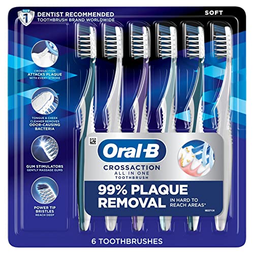 Oral-B Pro Health CrossAction All in One Soft Toothbrushes, Deep Plaque Fighter, Rounded Bristles Gentle on Teeth, Tongue and Cheek Cleaner, Gum Stimulators, 6 Count, Tooth Brush Pack
