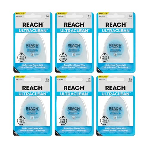 REACH Listerine Ultraclean Dental Floss, Mint, Plaque Remover for Teeth, Shred Resistant, Waxed, Easy on Gums & Teeth, Mint, Oral Care, PFAS Free, for Adults & Kids, 6 Pack, 30 yd