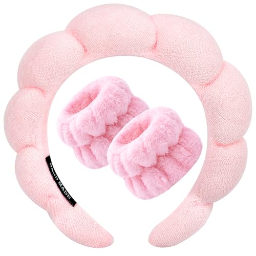 Zkptops Spa Headband for Washing Face Wristband Sponge Makeup Skincare Headband Terry Cloth Bubble Soft Get Ready Hairband for Women Girl Puffy Padded Headwear Non Slip Thick Hair Accessory(Pink)