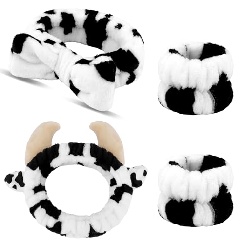 Canitor Cow Print Spa Headband and Wrist Bands Kit for Washing Face Soft Makeup Headband Cute Cow Ears Skincare Headband Wristband Set Stuff Gifts for Women Girls