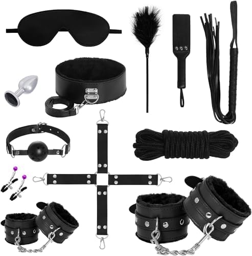 Rbenxia 12 PCS Sex Bondage BDSM Restraints Kits Fetish Handcuffs Ankle Cuff Collar Blindfold Whip Rope Nipple Clamps Paddle Anal Toys Ball Gag Adult Games Foreplay Sexy Toys for Couples (Black)